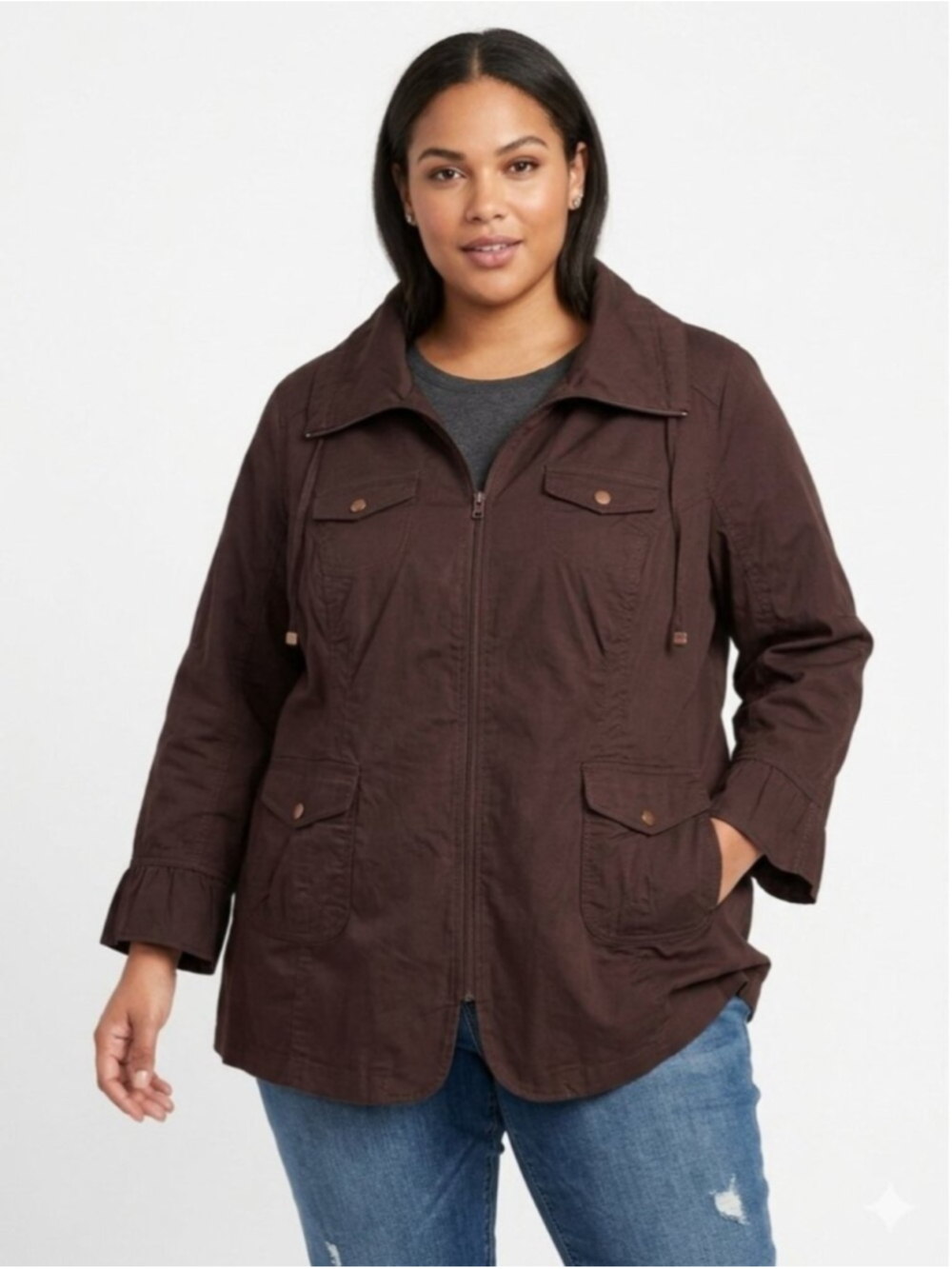 Plus Size Chocolate Brown Ruffle Cuff Utility Jacket 5X - 575